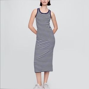 GAP Rib Midi Tank Dress L Bodycon Cotton Navy & White Stripes Sleeveless L